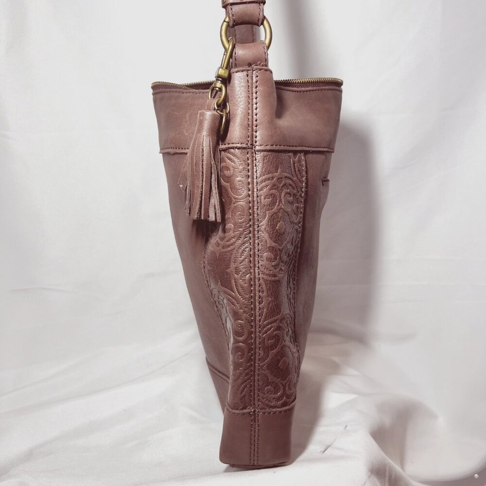 The Sak Collection-Brown Leather Embossed Floral Sides-Black/Pink inside-Phone - Picture 8 of 15
